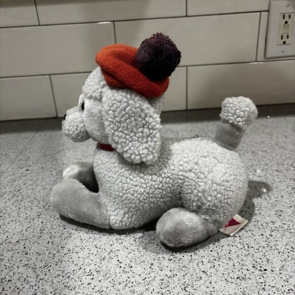 Dakin French Poodle Dog Grey Plush 8in Red Wool Beret Lying 1987 Tush Tag Korea - Picture 2 of 9